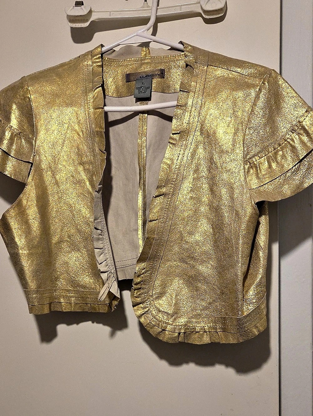 LIQUIDITY Gold Leather Cropped Jacket Size Large